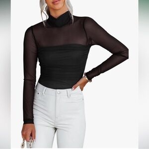 ReoRia L black bodysuit sheer long sleeve mock turtleneck